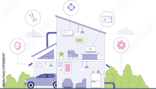 Real Estate Online Search and Home Selection Illustration A user selecting a house on a digital platform, with search filters and location markers.