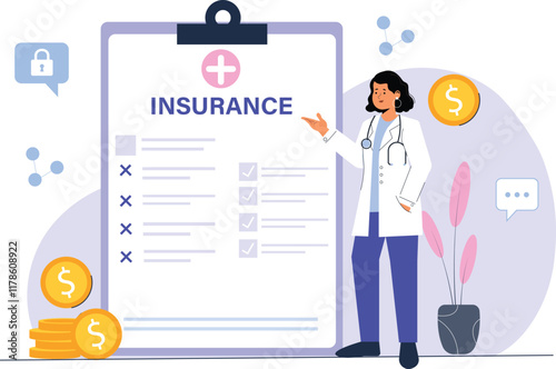 Car Insurance and Financial Safety Illustration A family standing next to their car, surrounded by insurance documents and safety icons.