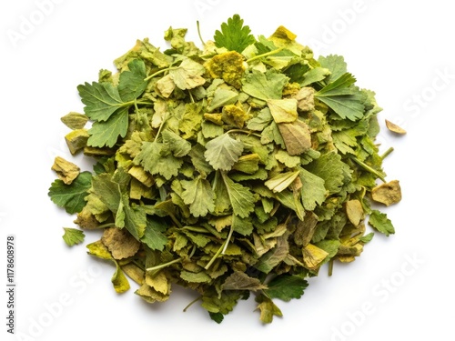 Aerial view: dried Szechuan lovage (Ligusticum striatum) slices, flat lay, herbal medicine, white background. photo