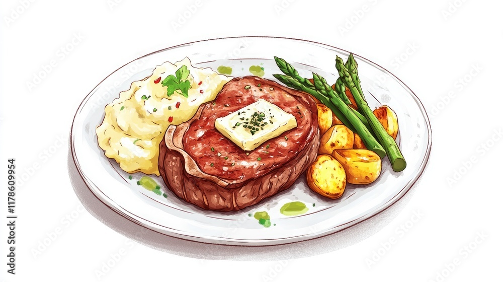 An elegant plate featuring a perfectly cooked steak topped with a pat of herb butter, surrounded by colorful side dishes like mashed potatoes and asparagus, all against a white background. An elegant plate featuring a perfectly cooked steak topped with a pat of herb butter, surrounded by colorful side dishes like mashed potatoes and asparagus, all against a white background.