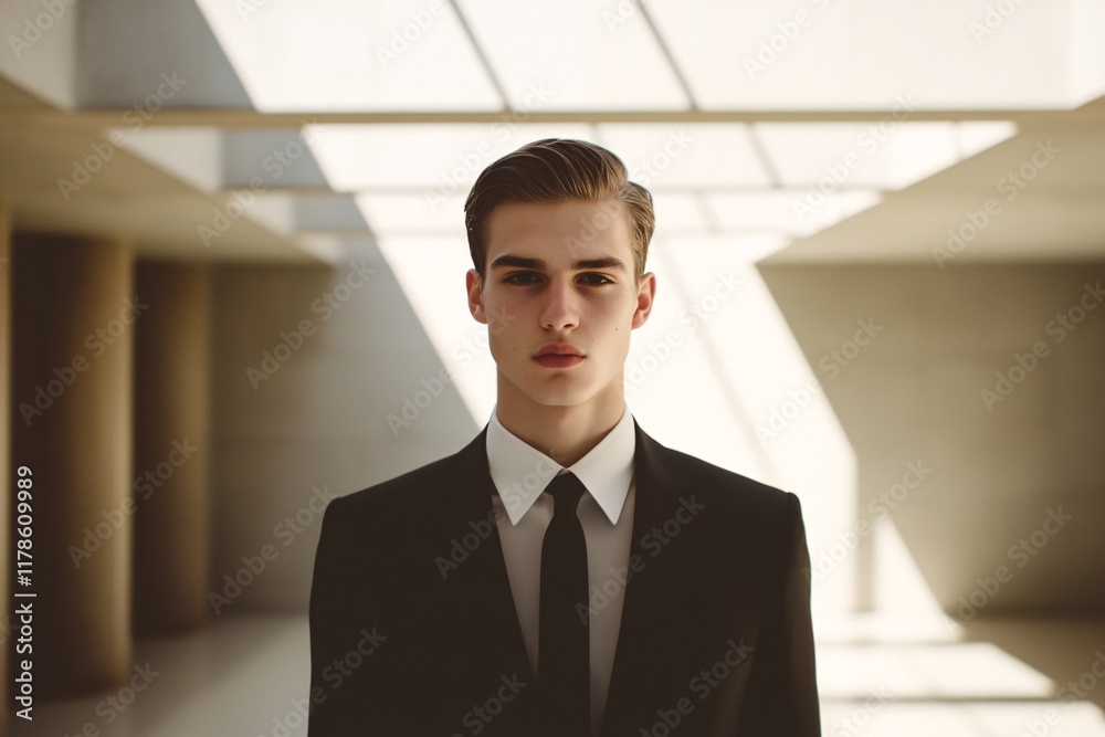 Young Man in Formal Suit with Dramatic Lighting and Minimalist Background Young Man in Formal Suit with Dramatic Lighting and Minimalist Background