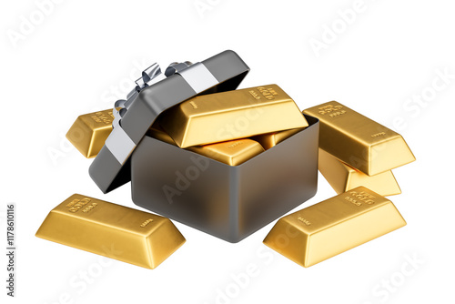 Gold bars inside an open metallic gift box with ribbon, surrounded by more gold bars, on a white background. Concept of luxury and wealth. 3D Rendering