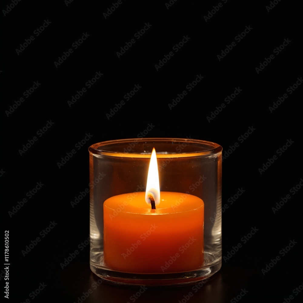 Warm glow of an orange candle with glass holder against dark background Warm glow of an orange candle with glass holder against dark background