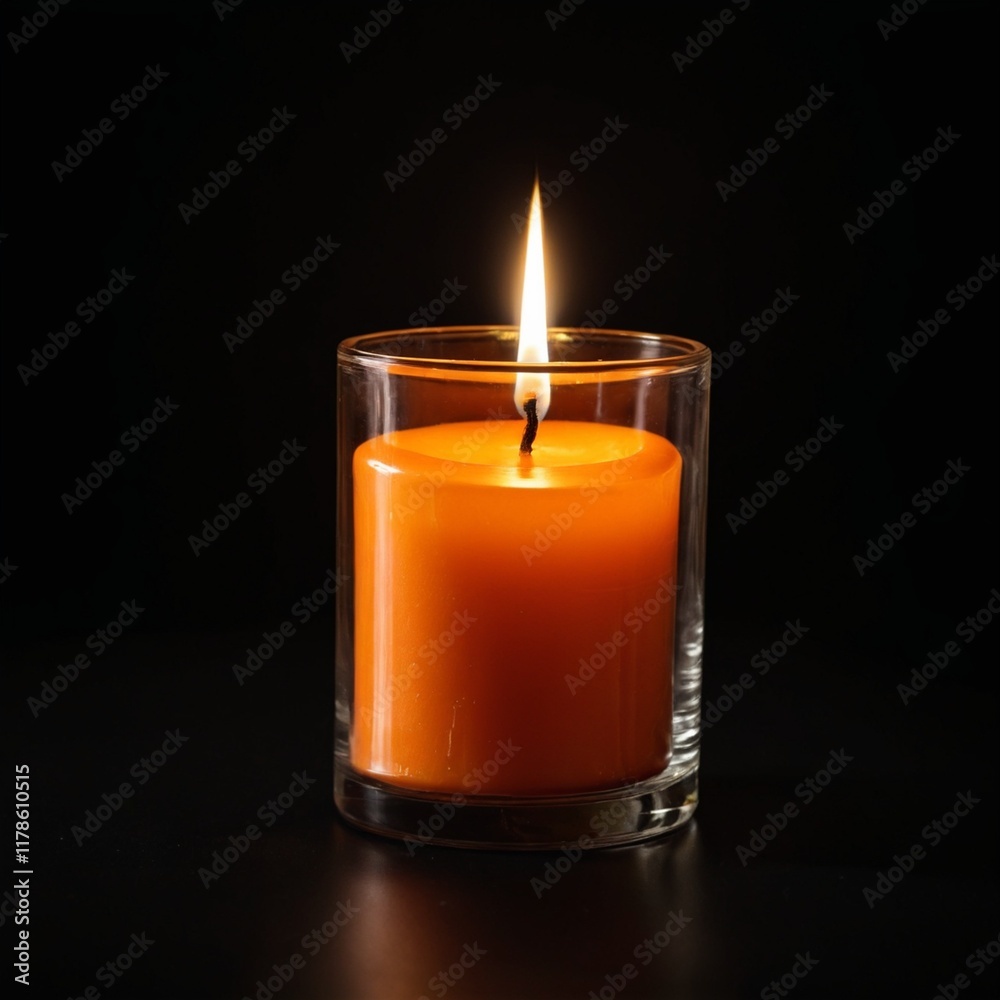 Warm glow of an orange candle with glass holder against dark background Warm glow of an orange candle with glass holder against dark background
