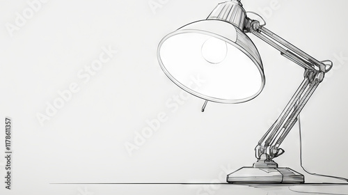 Table Lamp, A hand-drawn pencil sketch of an elegant desk lamp, with its soft glow casting gentle shadows on the surface below.