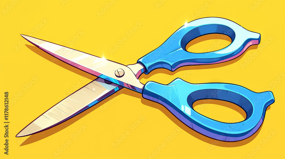 Scissors, Simple cartoon illustration of scissors, on a yellow background, with a blue color palette.