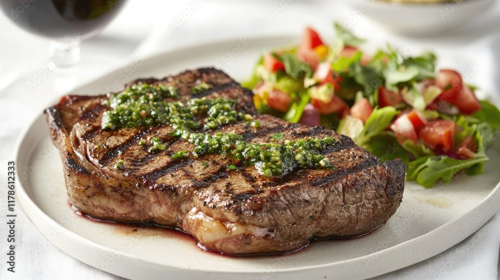 A beautifully arranged steak dinner featuring a thick cut of meat, drizzled with chimichurri sauce, alongside a colorful salad and a glass of red wine, presented on a white tablecloth. A beautifully arranged steak dinner featuring a thick cut of meat, drizzled with chimichurri sauce, alongside a colorful salad and a glass of red wine, presented on a white tablecloth.