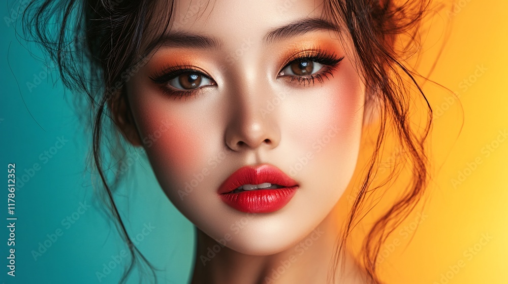 Stunning Portrait of a Young Woman with Vibrant Makeup and Expression Stunning Portrait of a Young Woman with Vibrant Makeup and Expression