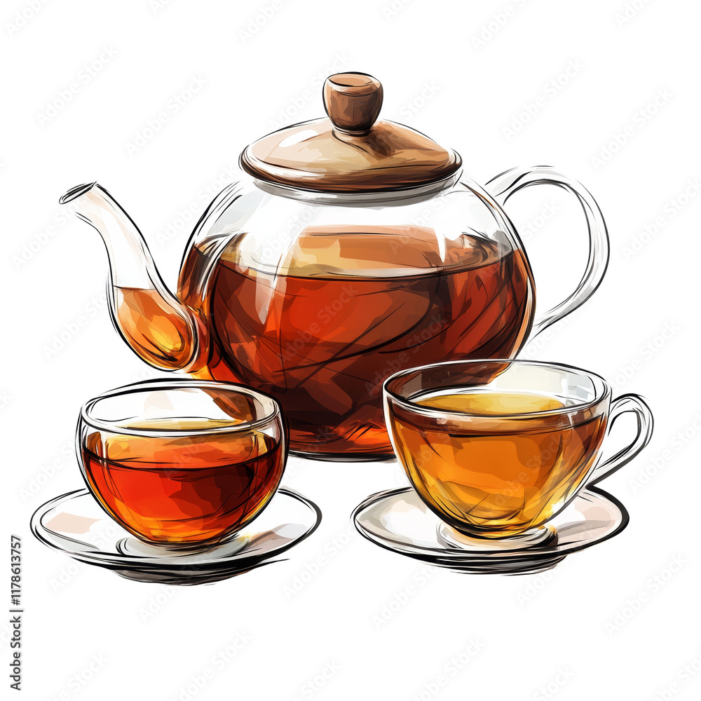 A stylized illustration shows a glass teapot and two teacups filled with tea, each resting on a saucer. A stylized illustration shows a glass teapot and two teacups filled with tea, each resting on a saucer.