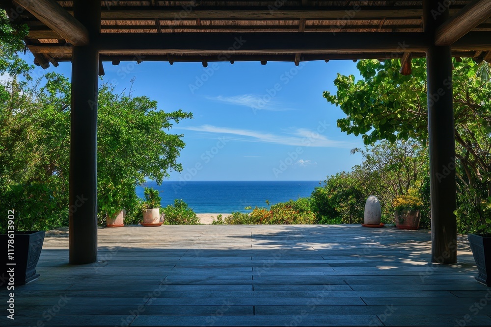 Naklejka premium Ocean view from tropical resort patio