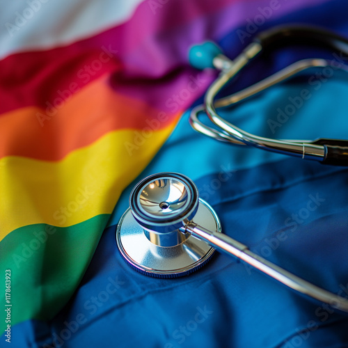 LGBTQ+ Pride and Healthcare: Transgender Pride Flag and Stethoscope Symbolizing Inclusivity and Empowerment stethoscope on a blue