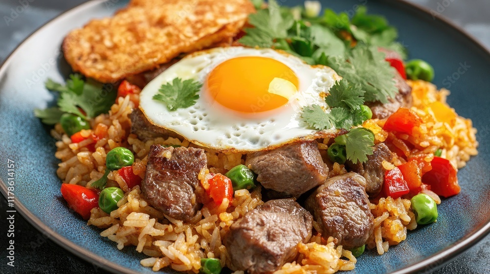 A beautifully plated dish of Thai curry rice, featuring tender pieces of meat and colorful vegetables, served with a side of crispy fried egg and fresh cilantro garnish. A beautifully plated dish of Thai curry rice, featuring tender pieces of meat and colorful vegetables, served with a side of crispy fried egg and fresh cilantro garnish.