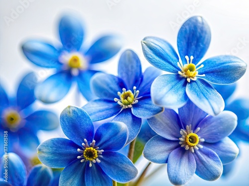 Close-up panoramic view of vibrant blue spring blossoms, blooming branches against a stark white backdrop.