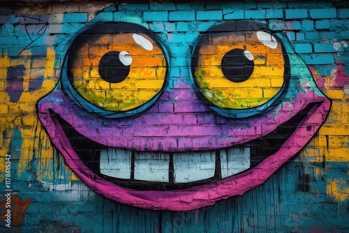 Colorful character mural with oversized eyes and cheerful smile on urban wall