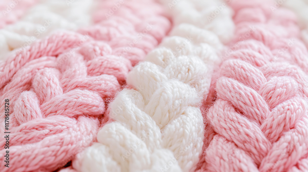 Close-up of Soft Pink and White Knitted Fabric, A close-up view of a textured knitted fabric, showcasing a charming blend of soft pink and white colors. Close-up of Soft Pink and White Knitted Fabric, A close-up view of a textured knitted fabric, showcasing a charming blend of soft pink and white colors.