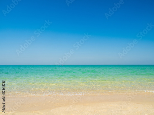 Horizon photogrphy beautiful landscape summer season panorama view tropical sea beach white sand clean blue sky background calm nature ocean wave water travel holiday at samae san island sun day time.