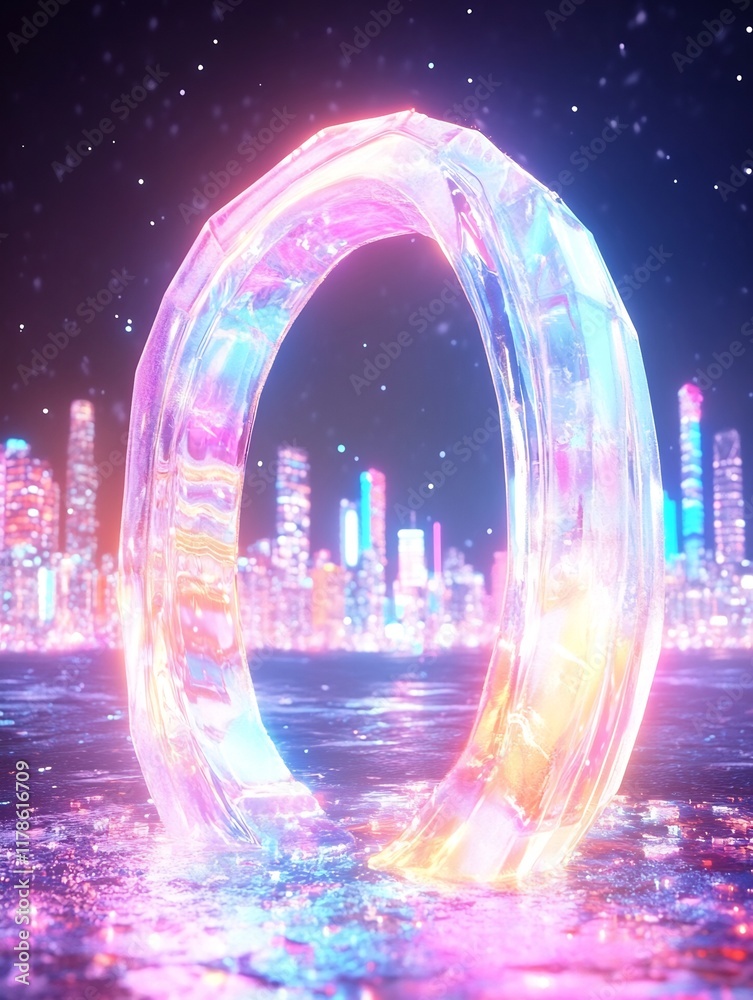 Obraz premium Vibrant Digital Painting: Futuristic Cityscape Glows Behind Luminous Crystal Ring. AI Generated