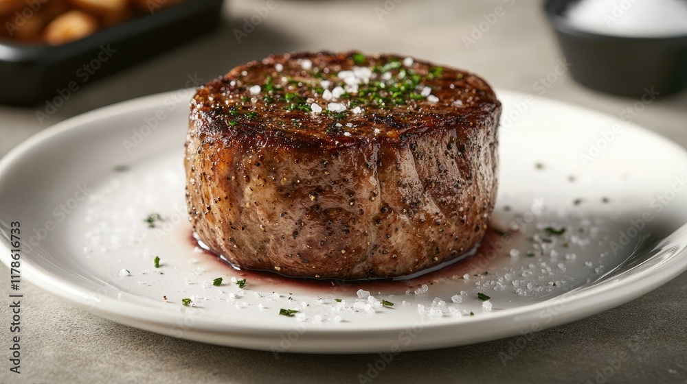 A close-up image of a perfectly cooked steak resting on a white plate, garnished with a sprinkle of sea salt and cracked black pepper, showcasing the quality and flavors of the dish. A close-up image of a perfectly cooked steak resting on a white plate, garnished with a sprinkle of sea salt and cracked black pepper, showcasing the quality and flavors of the dish.