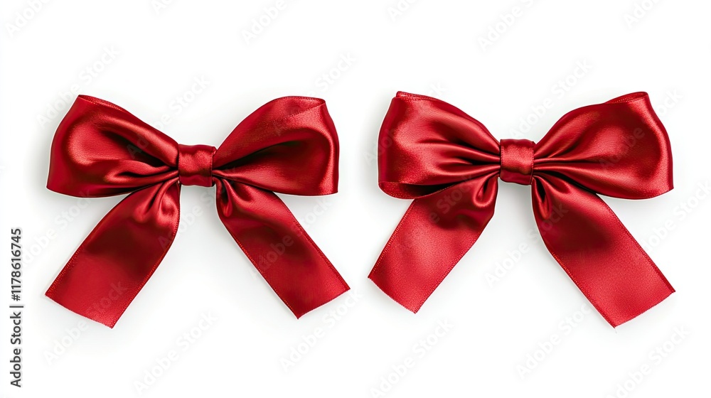 A top-down view of two perfectly tied red satin ribbons isolated on white, with smooth, glossy textures creating a chic and festive aesthetic. A top-down view of two perfectly tied red satin ribbons isolated on white, with smooth, glossy textures creating a chic and festive aesthetic.