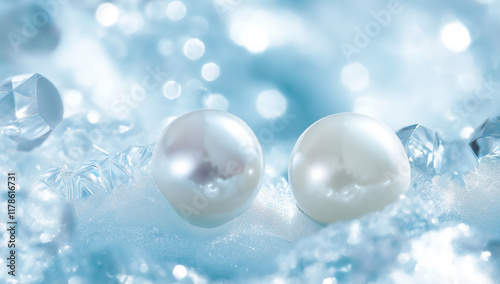 Wallpaper Mural Three lustrous pearls nestled on a bed of ice crystals. A soft, blurred blue background enhances their shimmer and elegance. The scene evokes serenity and winter luxury. Torontodigital.ca