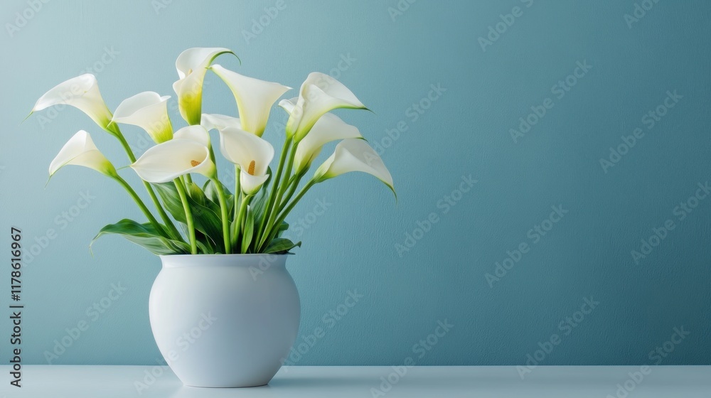 White calla lilies in a simple vase against a teal background. White calla lilies in a simple vase against a teal background.