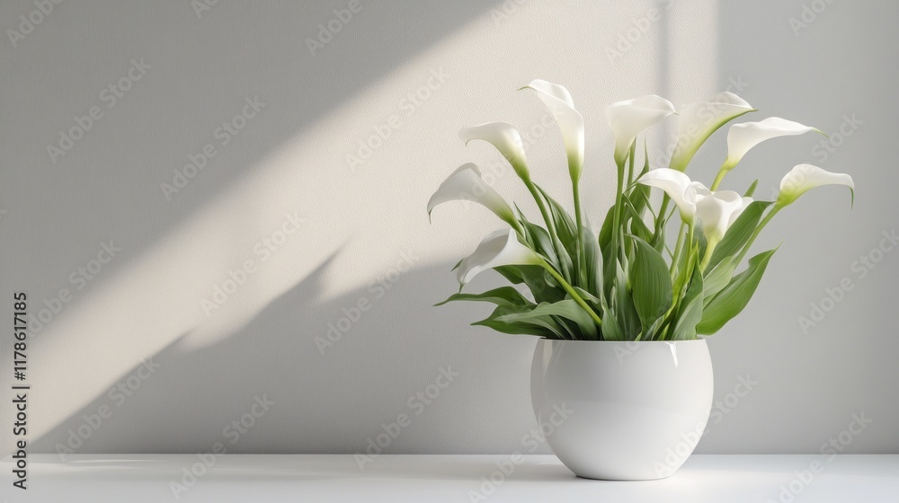 White calla lilies in a white bowl, illuminated by sunlight against a white wall. White calla lilies in a white bowl, illuminated by sunlight against a white wall.