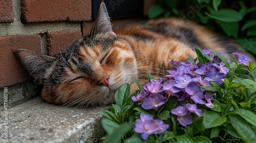 Calico Cat Napping Peacefully Amidst Purple Flowers