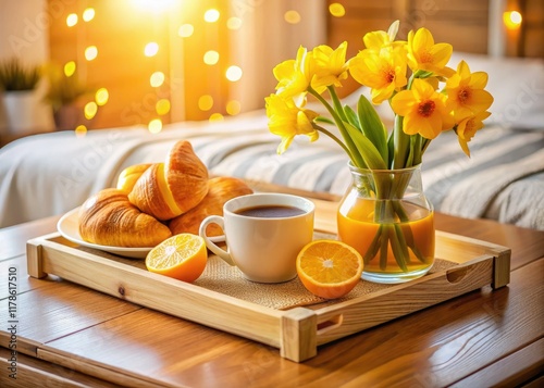 Daffodils, a warm croissant, and coffee's soft focus; a top-view hotel breakfast dream. photo