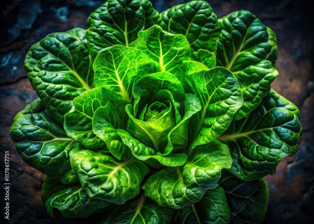 Dark, moody romaine lettuce salad; top-down AI-generated culinary image, emphasizing texture and shadow. Dark, moody romaine lettuce salad; top-down AI-generated culinary image, emphasizing texture and shadow.