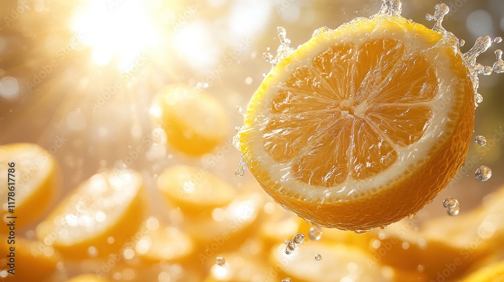 A vibrant lemon slice splashes in sunlight, highlighting freshness and zest. A vibrant lemon slice splashes in sunlight, highlighting freshness and zest.