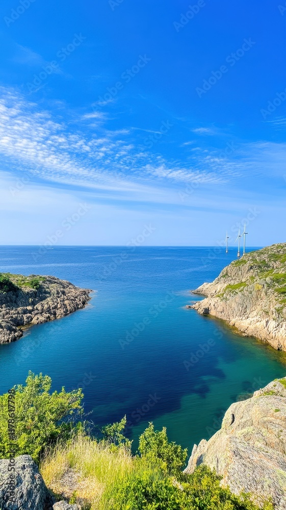 Fototapeta premium A serene scene of a wind turbine farm near a tranquil landscape, showcasing sustainable energy in harmony with nature.