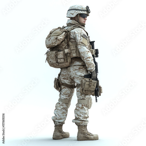 A soldier in desert camouflage stands vigilant, fully equipped for combat.  His gear includes a rifle, backpack, and tactical vest, showcasing military readiness.