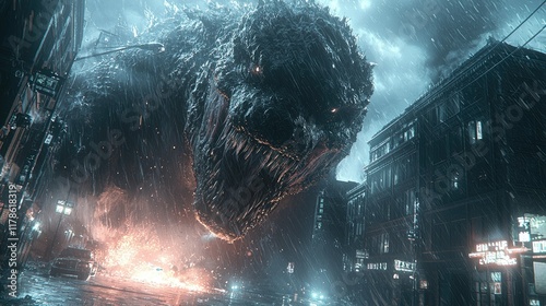 Monstrous Creature Rampages Through Rain Soaked City photo