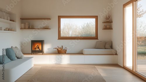 Modern living room with large window and cozy fireplace in natural light