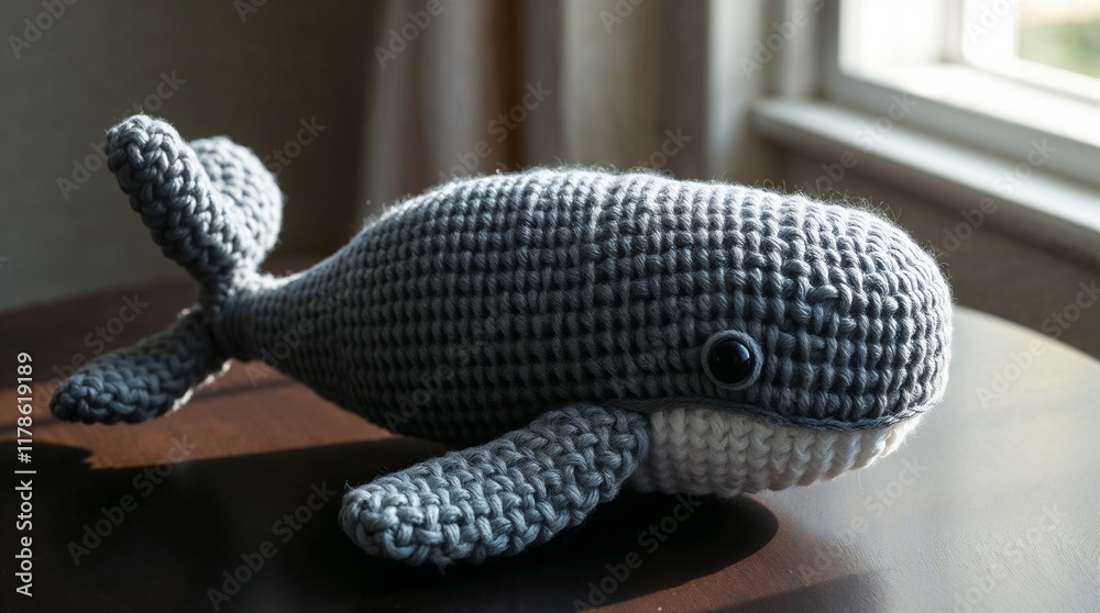 Obraz premium A realistic, handmade crochet humpback whale, crafted from gray yarn, showcasing detailed textures and intricate stitching on the head, fins, and tail. The whale is soft, stuffed, and three-dimension