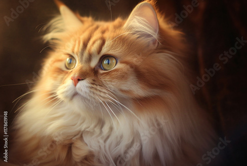 a Persian cat, showcasing its luxurious fur and expressive eyes, surrounded by a soft, (warm) light that highlights its features. The background features a subtle, setting with hints of greenrey photo