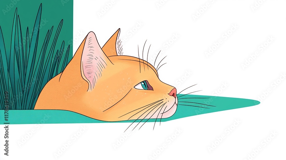 Fototapeta premium Serene Orange Cat Illustration: Quietly Observing from Lush Green Grass. AI Generated