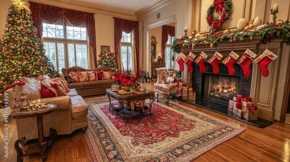 Fototapeta premium A traditional Christmas living room with a beautifully decorated tree, wrapped gifts in red and gold, and a fireplace with stockings hung for the holiday cheer.