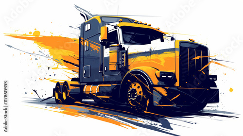 truck, T-shirt design with a white background, featuring vector art of a semi-truck with yellow paint strokes, simple shapes, and a minimalistic style.