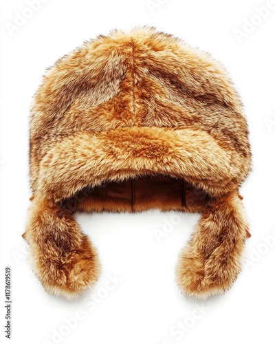 Stylish Earflap Fur Cap on White Backdrop: A Fashionable Winter Headwear Piece