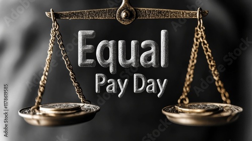 Minimalist Equal Pay Day Concept with Scales and Coins for International Womens Day and Labor Day