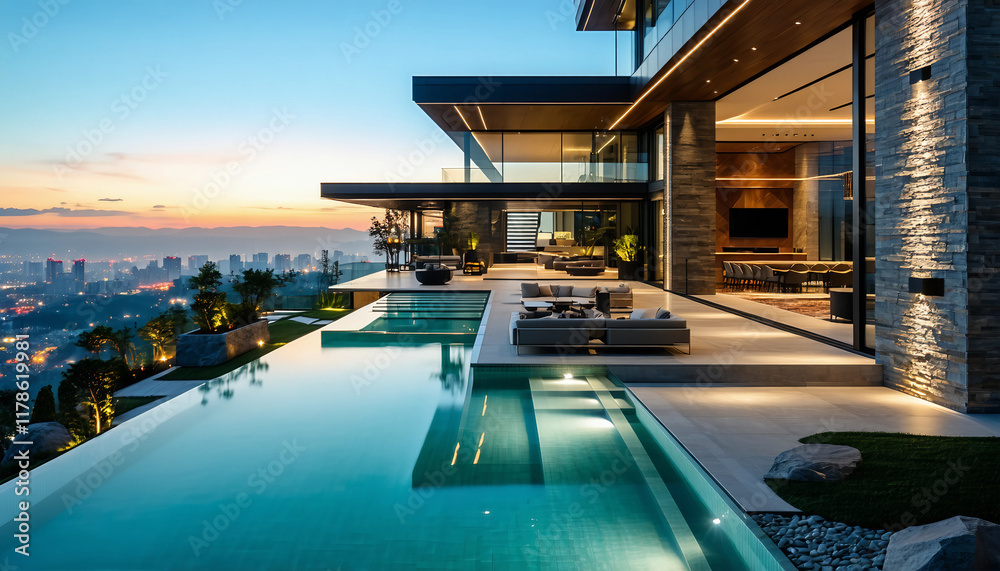 Fototapeta premium A sleek modern home with a façade of natural stone and expansive floor-to-ceiling glass walls, frame