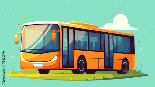 bus, Modern, flat vector illustration of an orange bus on green grass. Simple design with minimalist, colorful shapes.