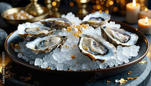 An opulent dish of oysters served on a bed of crushed ice with edible gold flakes and pearls, surrou photo