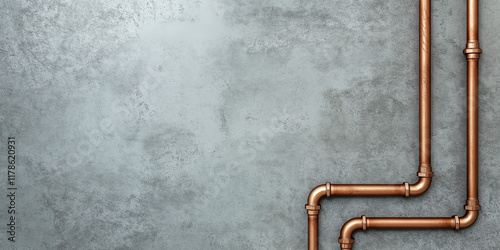 Copper pipes arranged on a textured grey concrete wall, creating a rustic industrial design. The pipes form an interesting frame, leaving space for text or imagery.