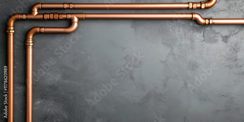 Copper pipes arranged on a textured grey concrete wall, creating a rustic industrial design. The pipes form an interesting frame, leaving space for text or imagery.