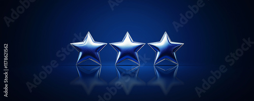 Three shiny blue stars stand on a reflective surface against a dark blue background. They represent high quality, top rating, or excellence.