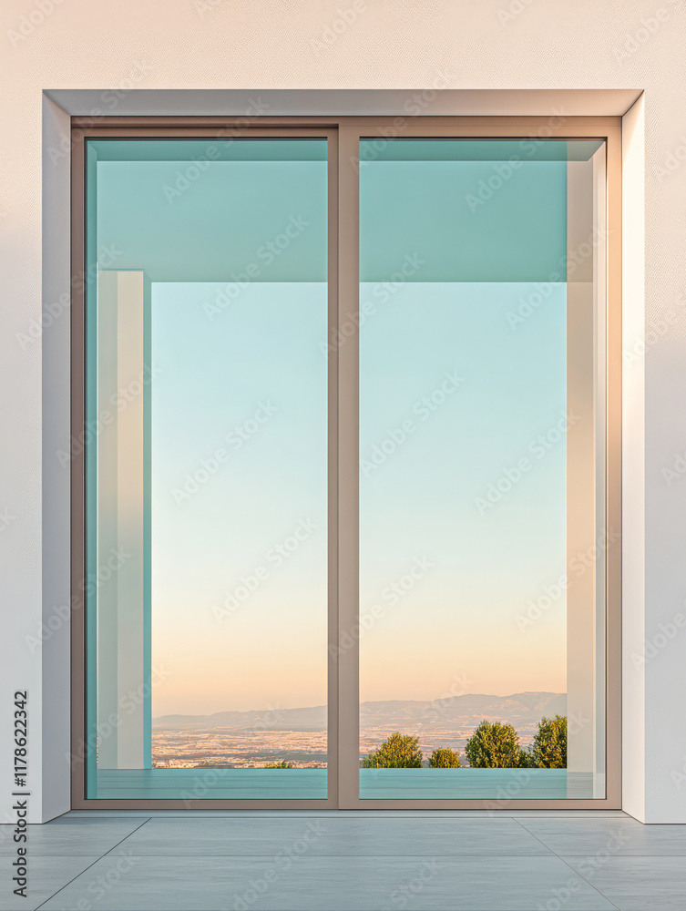 Fototapeta premium Modern glass sliding door reveals serene landscape at sunset in minimalist setting