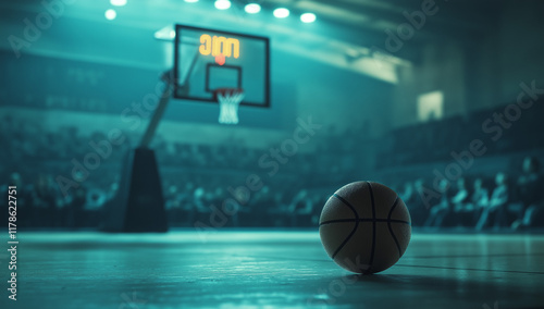 A lone basketball rests on a gleaming court, the blurred background showing a basketball hoop and spectators in an arena. Warm lighting creates a dramatic atmosphere. photo