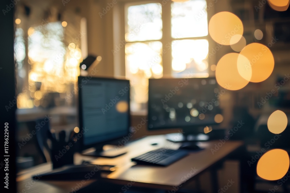 Cozy home office sunset bokeh computer work Cozy home office sunset bokeh computer work